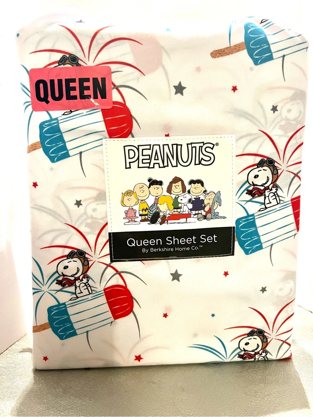 NEW SNOOPY PEANUTS Popsicle Firecracker Sheets Queen Size Set. White Red & Blue